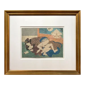 Antique Framed Japanese Shunga Woodblock Print of Two Women Making Love