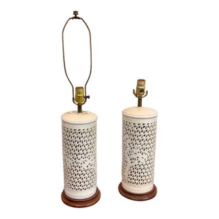 Chinoiserie Style Pierced Ceramic Table Lamps, Pair For Sale