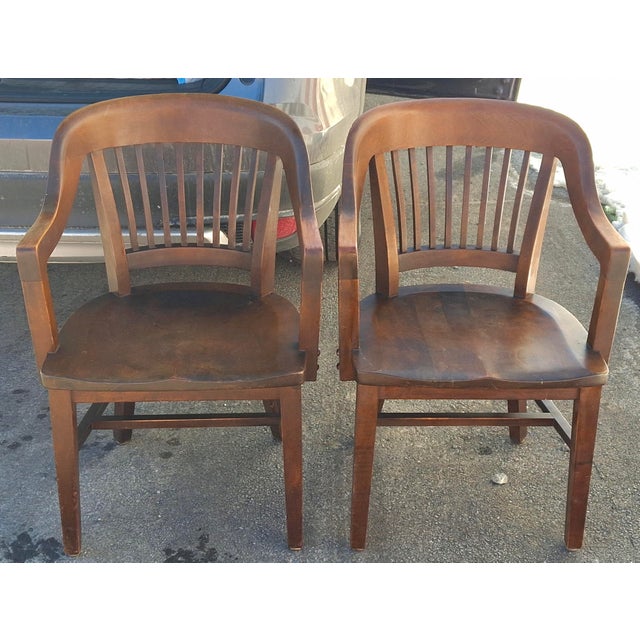 Early 20th Century William Gunlocke Oak Bankers Armchairs. Measures 23.5" in width, 22" in depth and 34" in height. Seat...