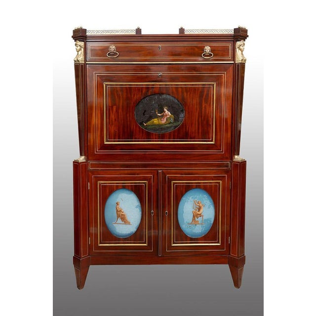 Brown Antique Mahogany Secretary Desk with Bronze Inlays Featuring Neoclassical Scenes, 19th Century For Sale - Image 8 of 8