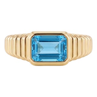 Chunky Swiss Blue Topaz Ring | Ribbed Band East-West Emerald Cut | December Birthstone Ring Us 7 For Sale