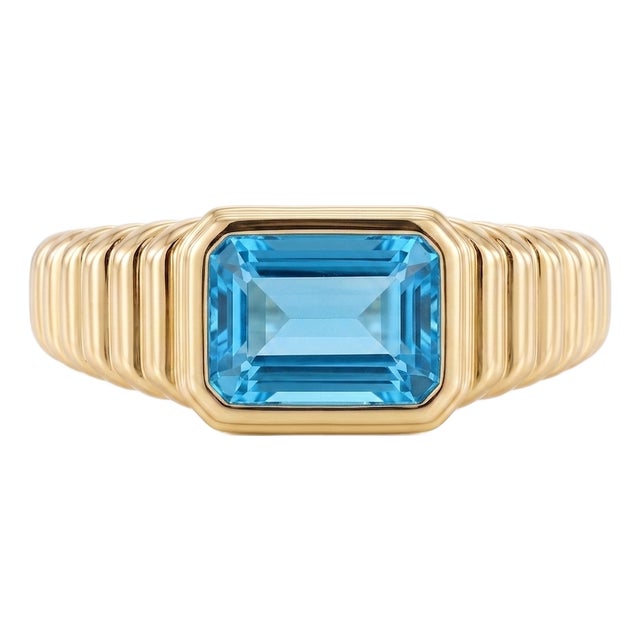Chunky Swiss Blue Topaz Ring | Ribbed Band East-West Emerald Cut | December Birthstone Ring Us 7 For Sale