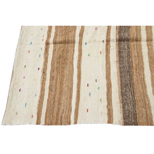 Vintage Turkish Kilim Flatweave Beige Stripes Wool Runner For Sale - Image 4 of 9