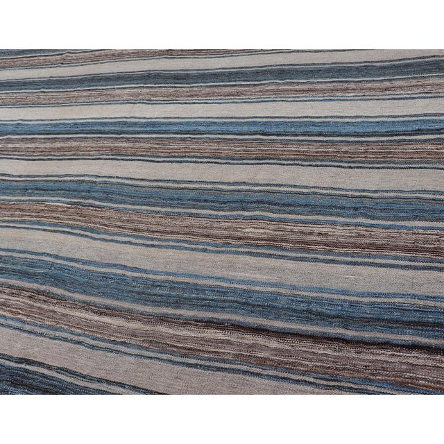 Early 21st Century Versatile Striped Design and Natural Brown, Cream, and Blue Flat-Weave Kilim 7'9 X 11'10 For Sale - Image 5 of 15