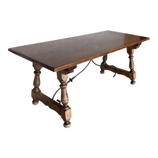 Late 19th Spanish Walnut Dining Fratino Table With Iron Stretcher For Sale