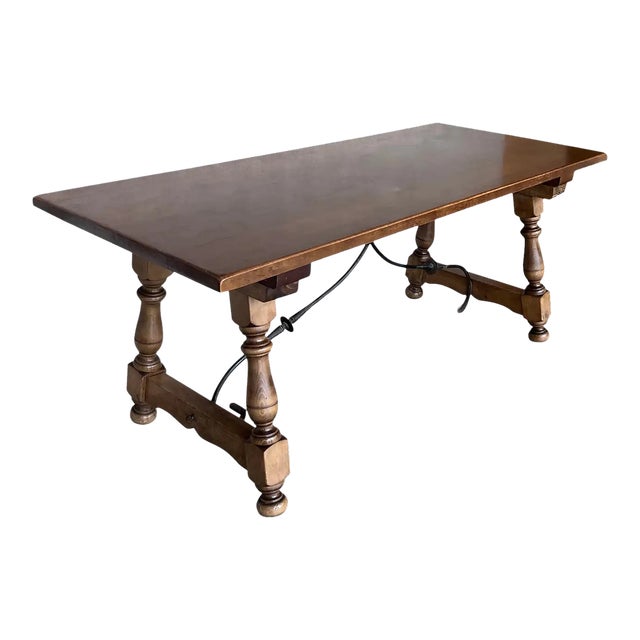 Late 19th Spanish Walnut Dining Fratino Table With Iron Stretcher For Sale
