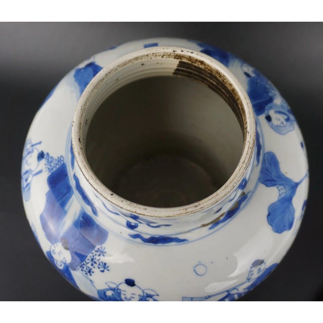 Antique Chinese Blue & White "Hundred Boys" Porcelain Vase With Wooden Cover (Kangxi Period) For Sale In Dallas - Image 6 of 13