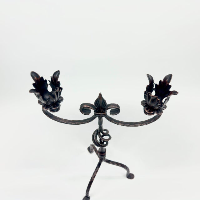 Hand Forged Iron Candelabra 25″ (63cm) Antique Copper Finish 2-Arm Royal Fleur-de-Lis Mantel Centerpiece For Sale - Image 4 of 6