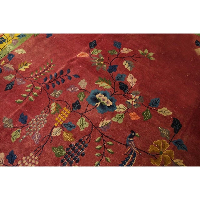1920s Red Floral Birds Antique Chinese Art Deco Carpet 9'x12' Knotted Wool Rug For Sale In New York - Image 6 of 7