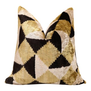 Gold Geometric Silk Velvet Pillow 20x20 | Handmade Luxury Designer Cushion For Sale