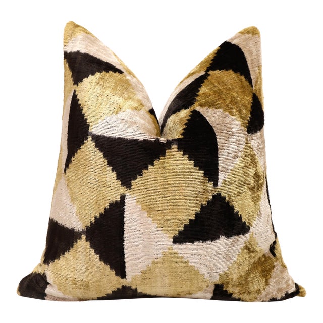 Gold Geometric Silk Velvet Pillow 20x20 | Handmade Luxury Designer Cushion For Sale