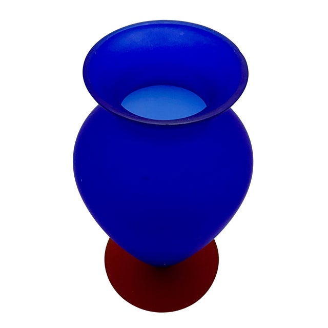 1990s Cobalt Blue Satin Glass Vase With Orange Base - 9" Tall For Sale - Image 5 of 10