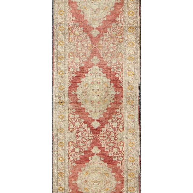 Antique Turkish Oushak Runner With Faded Red Medallions and Soft Ivory 3'2"x10'6" For Sale - Image 4 of 7