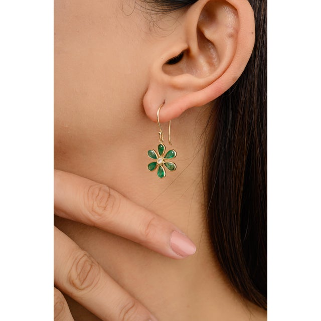 Not Yet Made - Made To Order Pear Cut Emerald Floral Dangle Earrings in 18k Yellow Gold- a Pair For Sale - Image 5 of 11