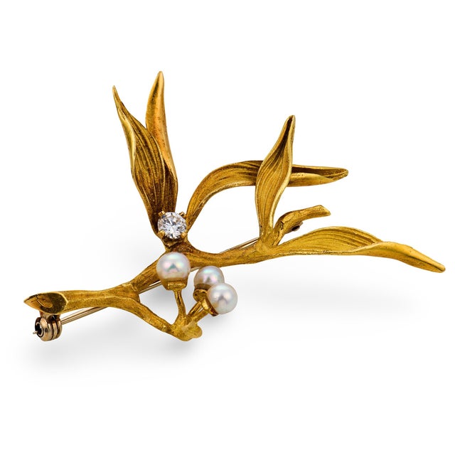 Vintage Italian Diamond Pearl 18k Yellow Gold Floral Brooch For Sale - Image 4 of 6