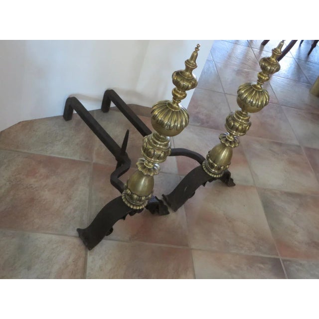 Antique Brass & Iron Andirons - a Pair With Iron Dogs For Sale - Image 11 of 11