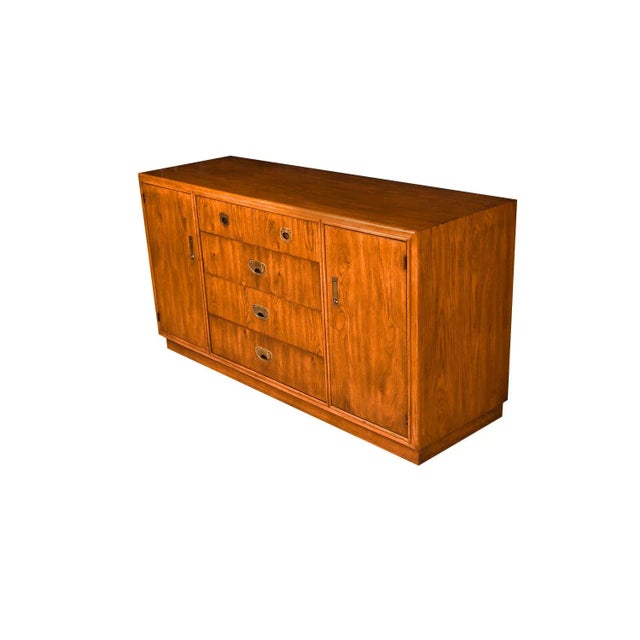 A gorgeous, Boho Drexel Campaign mid-century, credenza, dresser. Minimalist Danish Modern inspired profile, with...