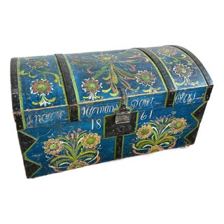 19th Century Hand Painted Swedish Oak Dome Top Coffer/Wedding Chest For Sale
