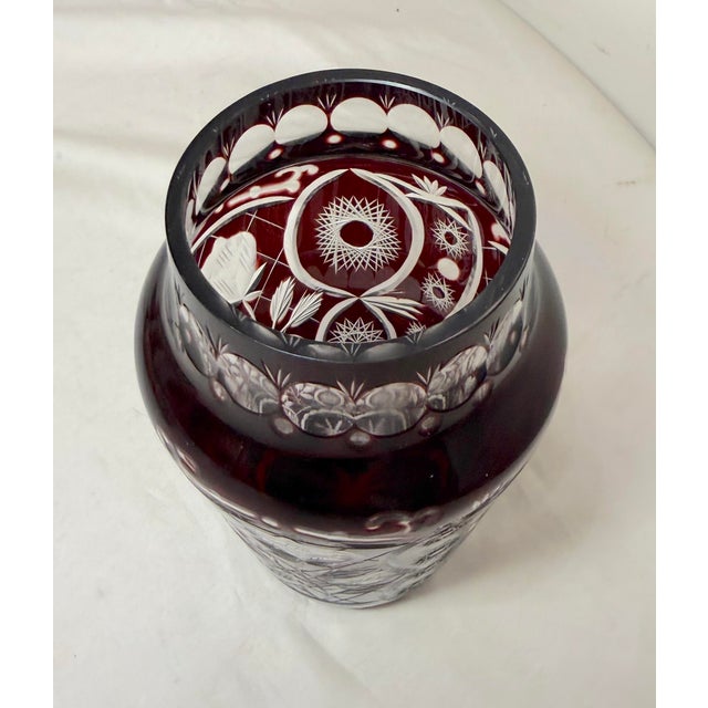 Vintage Handmade Red Cranberry Czech Cut to Clear Crystal Glass Ornate Vase For Sale In New York - Image 6 of 9