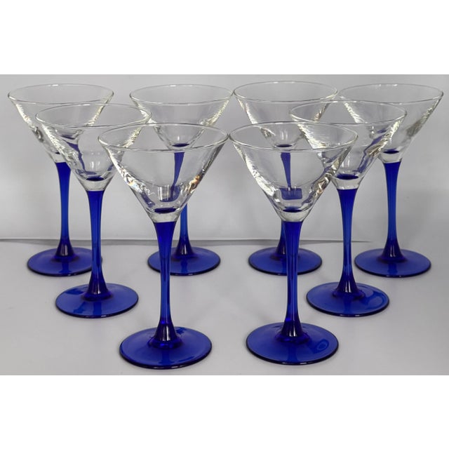 Vintage Set of 8 French Cobalt Blue Arcoroc France Martini or Champange Glasses For Sale - Image 10 of 10