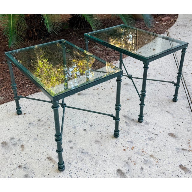 Postmodern Pair of Giacometti Style Wrought Iron Verdigris Finish Glass Top Side Table For Sale - Image 3 of 12