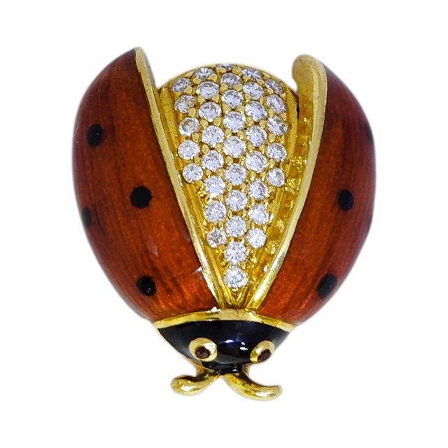 Contemporary Vintage 18k Gold Enamel and Diamond Ladybug Brooch For Sale - Image 3 of 10