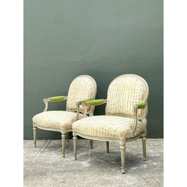 Vintage Louis XVI Style Printed Swag Armchairs - Pair For Sale In West Palm - Image 6 of 12