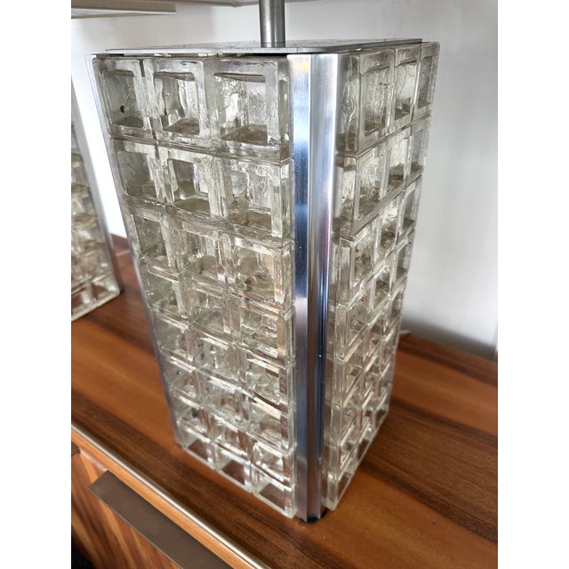 Pair of Glass Cube Lamps and Stainless Steel Metal by Poliarte, Italy, 1970s For Sale - Image 11 of 12