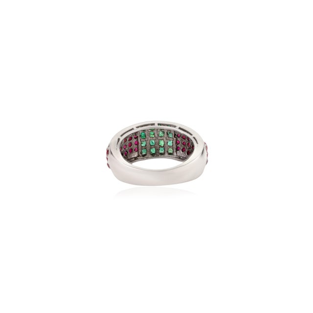 Metal Art Deco Natural Emerald & Ruby Statement Dome Band Ring in 925 Silver - Size 7 For Sale - Image 7 of 11