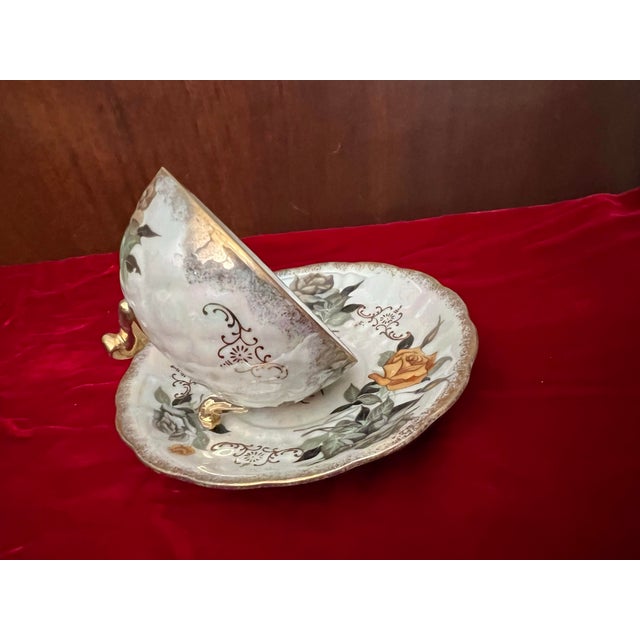 Vintage Iridescent Lusterware 3 Footed Floral Teacup & Saucer For Sale - Image 10 of 11
