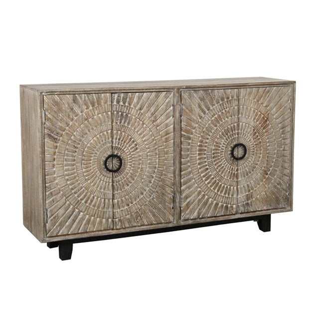 Washed Double Medallion Carved Wood Credenza For Sale - Image 9 of 12