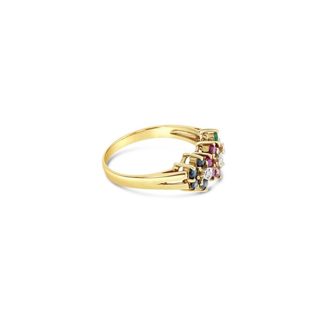 Contemporary Ruby, Sapphire, Emerald Flower Shaped Ring 14k Yellow Gold, Size 7 For Sale - Image 3 of 3