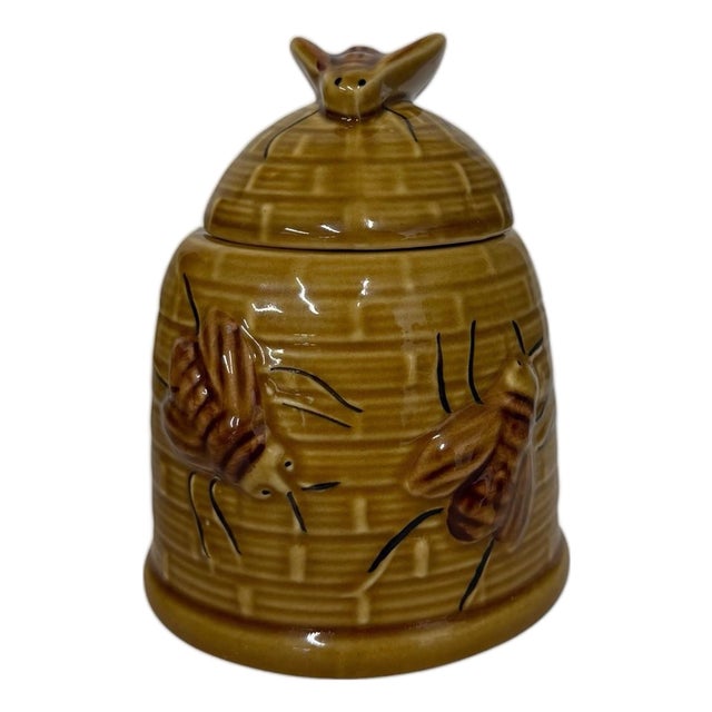 Vintage Brown Glazed Honey Bee Jar Server For Sale