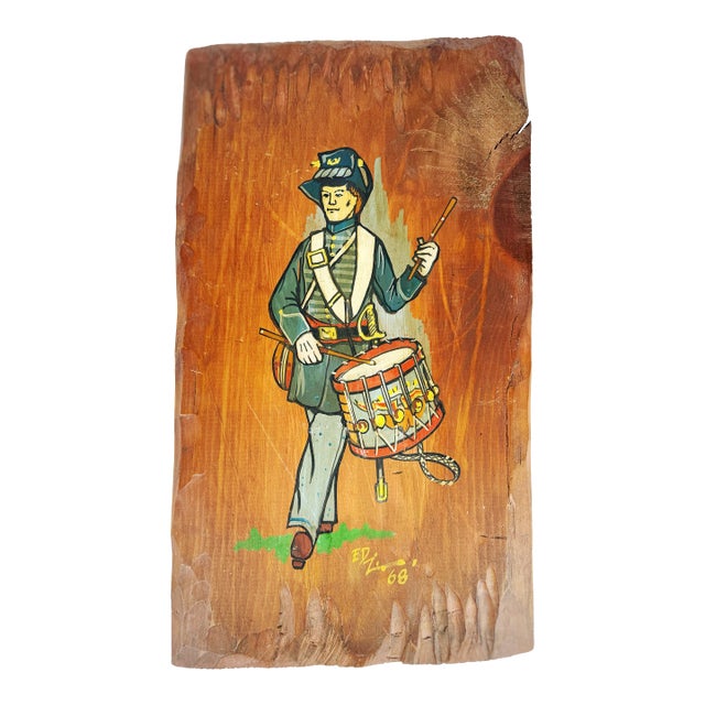 American Folk Art - Civil War Union Soldier Drummer Boy Painting on Hand Hewn Wood - Artist Signed 1968 For Sale