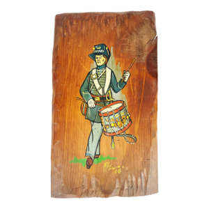 American Folk Art - Civil War Union Soldier Drummer Boy Painting on Hand Hewn Wood - Artist Signed 1968