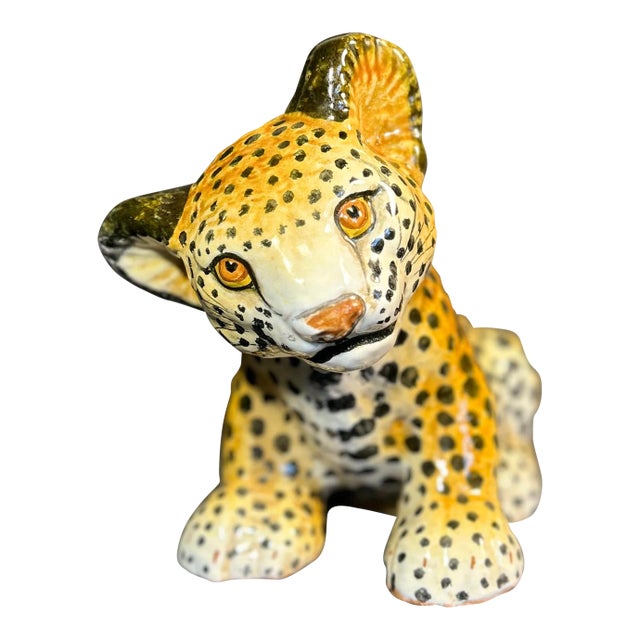 Vintage Italian Figural Hand Painted Baby Leopard Terra Cotta Sculpture For Sale