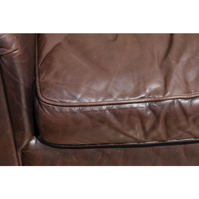 Restoration Hardware Restoration Hardware Brown Leather Three-Seat Sofa | Vintage Modern Down-Filled Cushions For Sale - Image 4 of 18