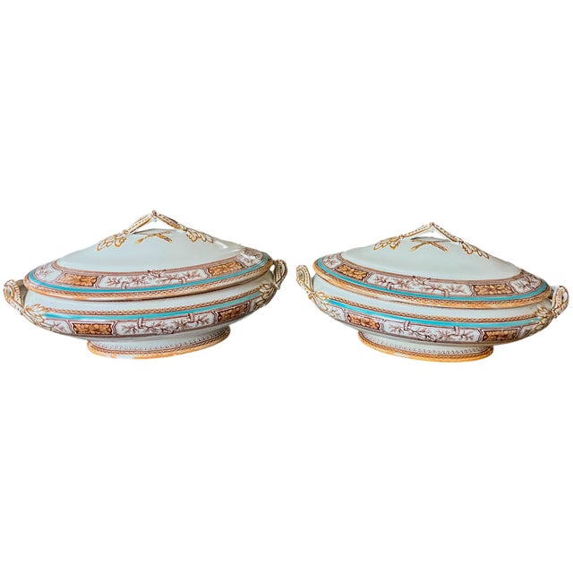 Chinoiserie 19th Century Edge, Malkin & Co. Staffordishire Hand Painted Turquoise and Brown Porcelain Tureens With Gold Gilding - a Pair For Sale - Image 3 of 14