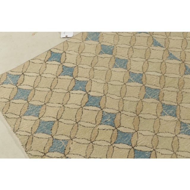 Textile 1960s Vintage Distressed Zeki Muren Rug in Beige-Brown, Blue Trellis Pattern For Sale - Image 7 of 8