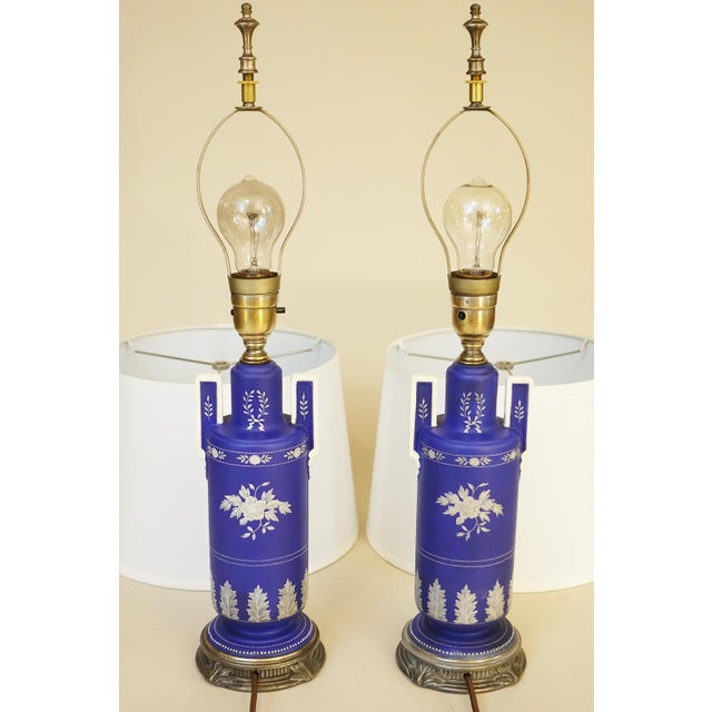 1930s Cobalt Noritake Wedgewood Jasperware Style Neoclassic Art Deco Table Lamps - a Pair For Sale - Image 15 of 15
