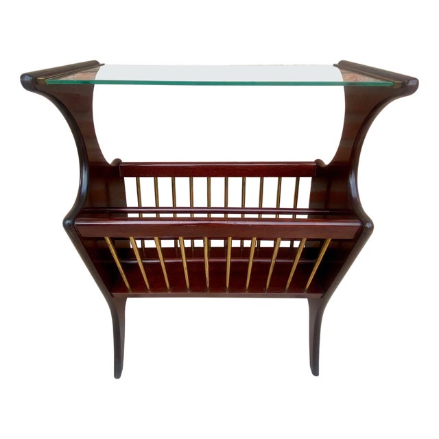 Vintage French Glass and Wood Folio Stand Magazine Rack, 1950s For Sale