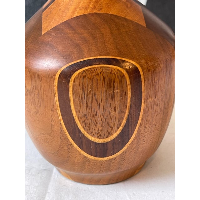 Brown Late 20th Century Vintage Artisan Carved Wood Inlay Vase For Sale - Image 8 of 9