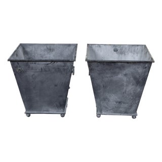 Pair of Industrial Style Grey Metal Planters with Tapered Lines and Ring Pulls For Sale