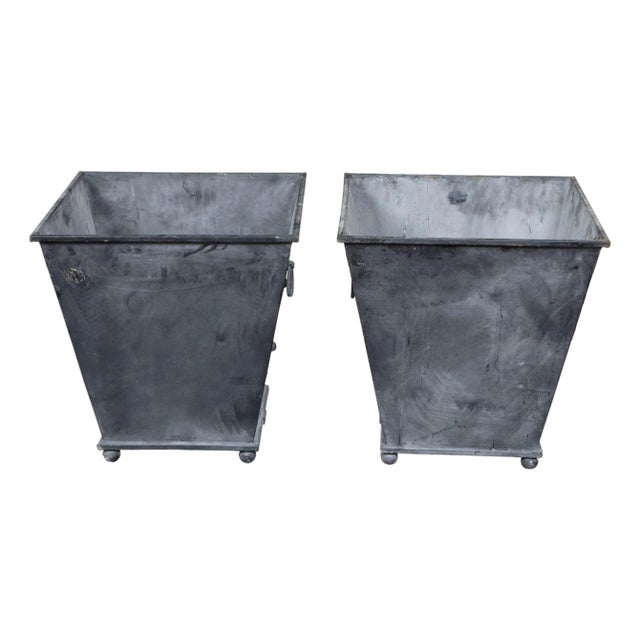 Pair of Industrial Style Grey Metal Planters with Tapered Lines and Ring Pulls For Sale