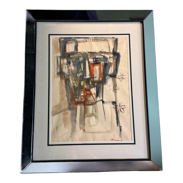 Mid 20th Century Italian Mirror Frame With Abstract Drawing on Textured Paper, Signed and Dated For Sale