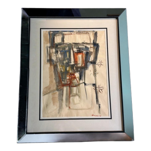 Mid 20th Century Italian Mirror Frame With Abstract Drawing on Textured Paper, Signed and Dated