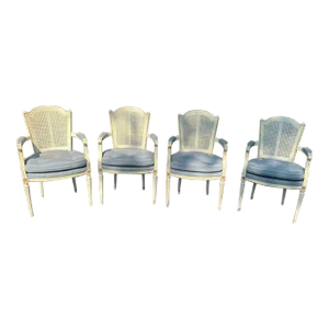 Late 20th Century Vintage Louis XVI Style Ivory Painted Cane Back Upholstered Armchairs - Set of 4