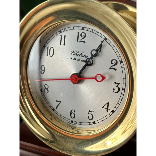 5.5" Brass Chelsea Shipstrike Quartz Mantel/Desk Clock and Traditional Wooden Base For Sale - Image 10 of 11