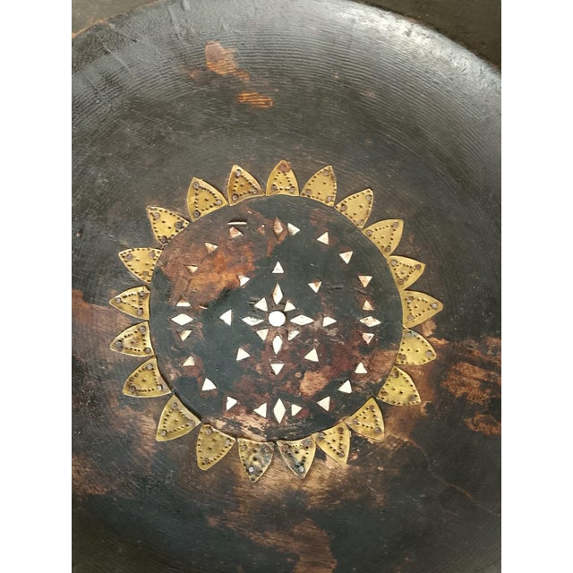 Large Vintage African Handmade Wooden Plate with Inlaid Decorations For Sale - Image 4 of 9