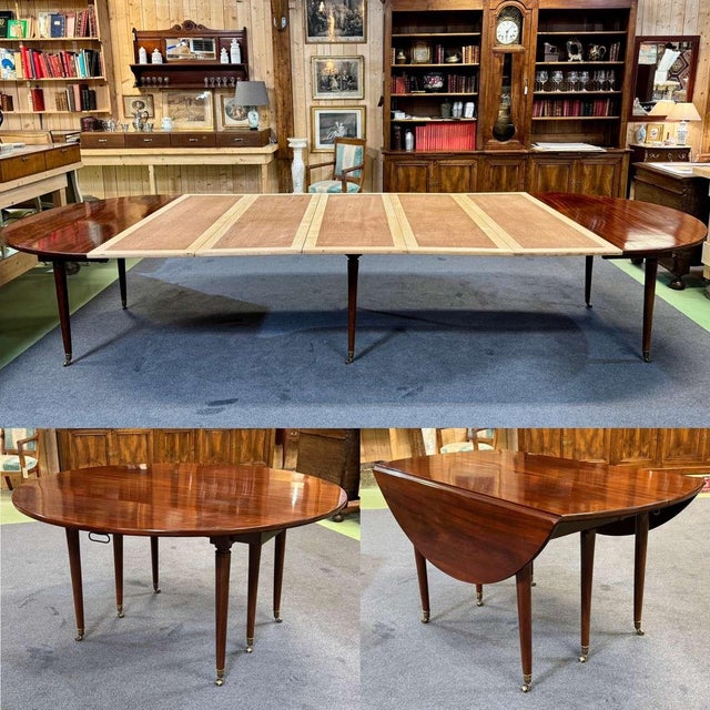 Louis XVI style Cuban mahogany dining table from the 19th century with 5 modern white wood extensions L=1.41m W=1.43m...